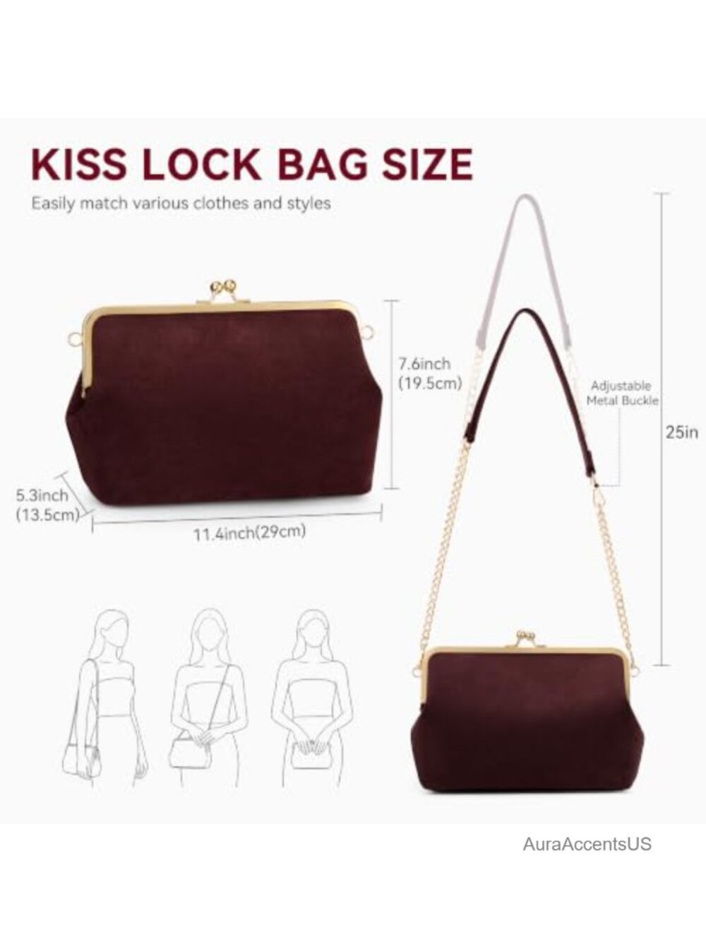 Kiss Lock Crossbody Bag - Suede Shoulder Purse with Detachable Strap - Picture 5 of 6